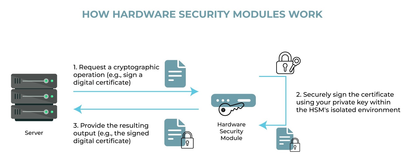 How a hardware security module works: the server requests a cryptographic operation, the HSM signs it with the private key inside its own isolated environment, and returns only the resulting output.