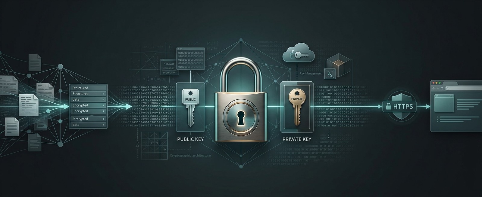 Structured data flows through encryption into a public/private key pair guarding a central padlock, past key management, out through HTTPS to the browser — the whole series' journey in one picture.