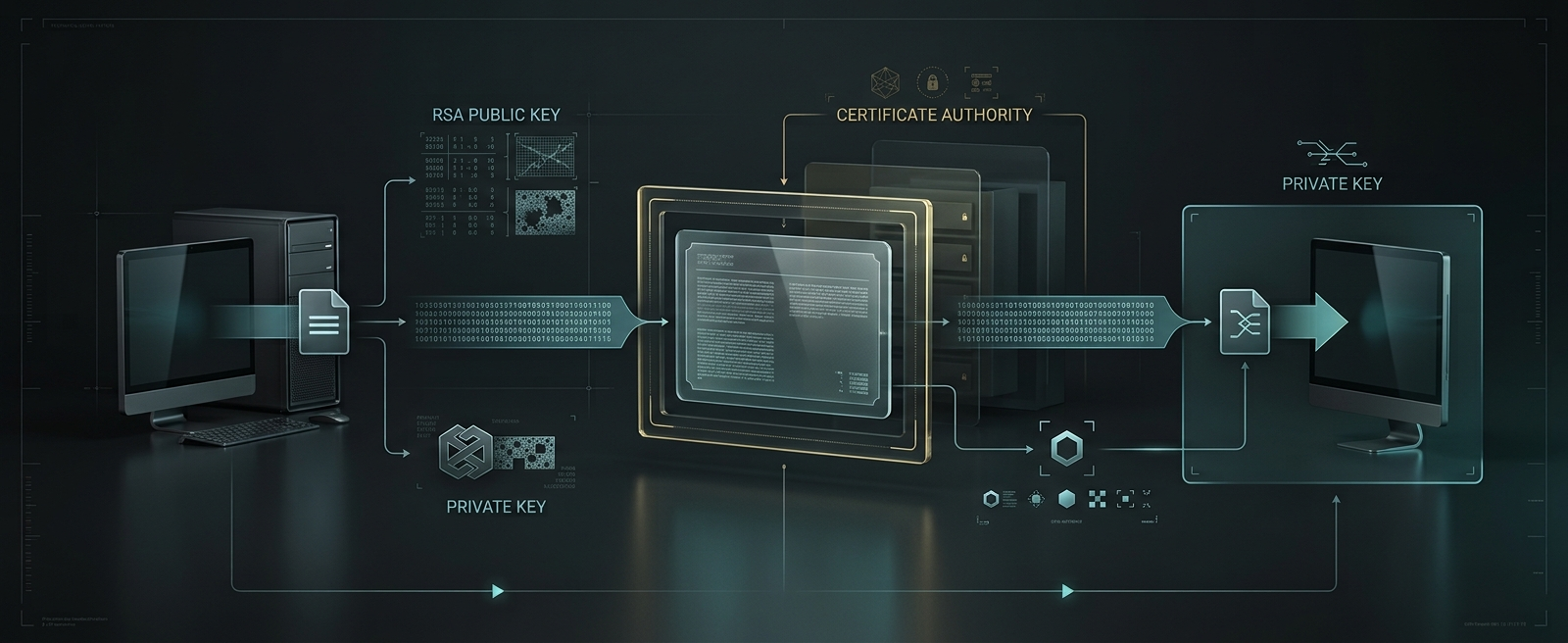 A document is encrypted with an RSA public/private key pair, sealed by a certificate authority into a signed digital certificate, and delivered verified to the recipient's screen.