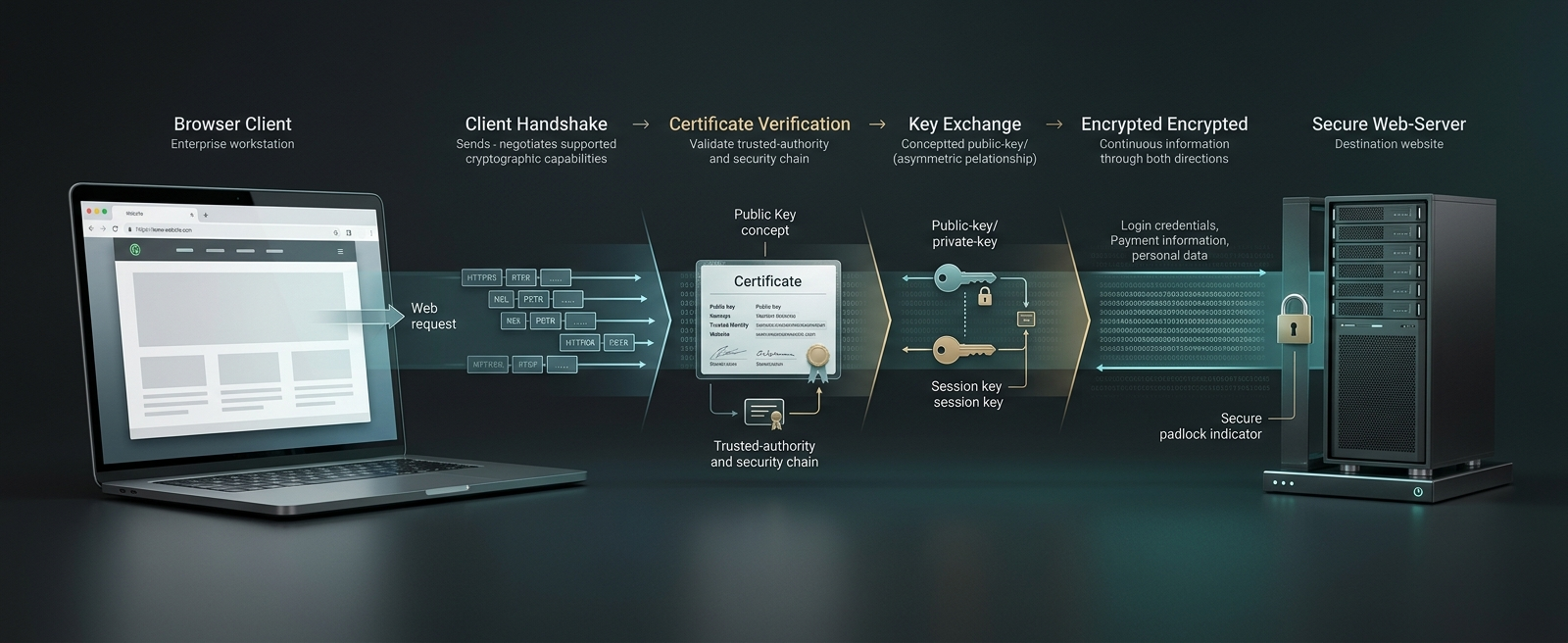 The TLS handshake from browser to server: the client negotiates supported capabilities, the server presents its certificate for verification, a session key is exchanged, and encrypted data flows both ways to a secured web server.
