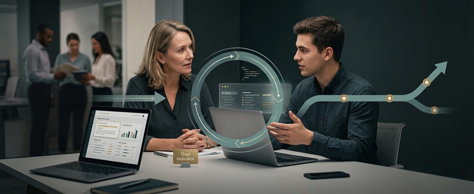 Two colleagues at a table with laptops, a continuous feedback-and-coaching loop overlaid between them, a "Goal indicator" tag on the table, and a path diverging into multiple upward branches to the right.