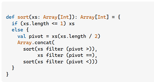 The same sort written functionally: a recursive quicksort built from filter and concat, no mutation.