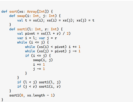 Scala imperative sort: a nested while-loop swaps array elements in place.