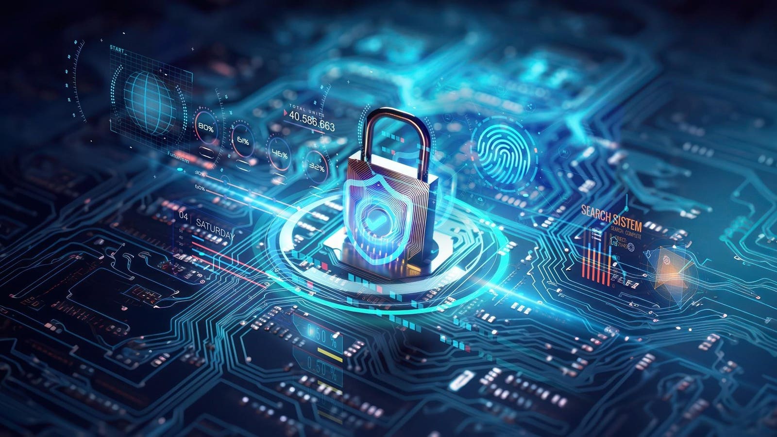 A digital padlock secured on a circuit board, surrounded by biometric and monitoring overlays.