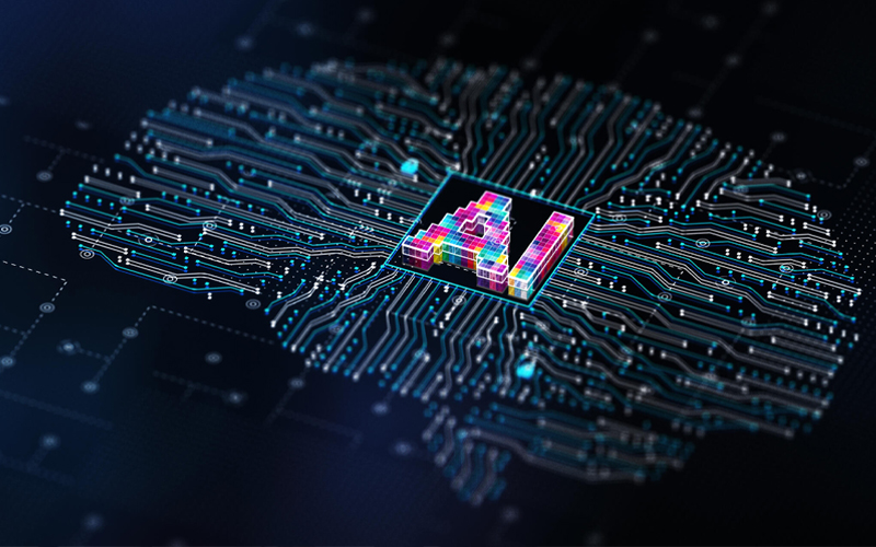 A circuit-board brain with a colourful generated pattern at its core.