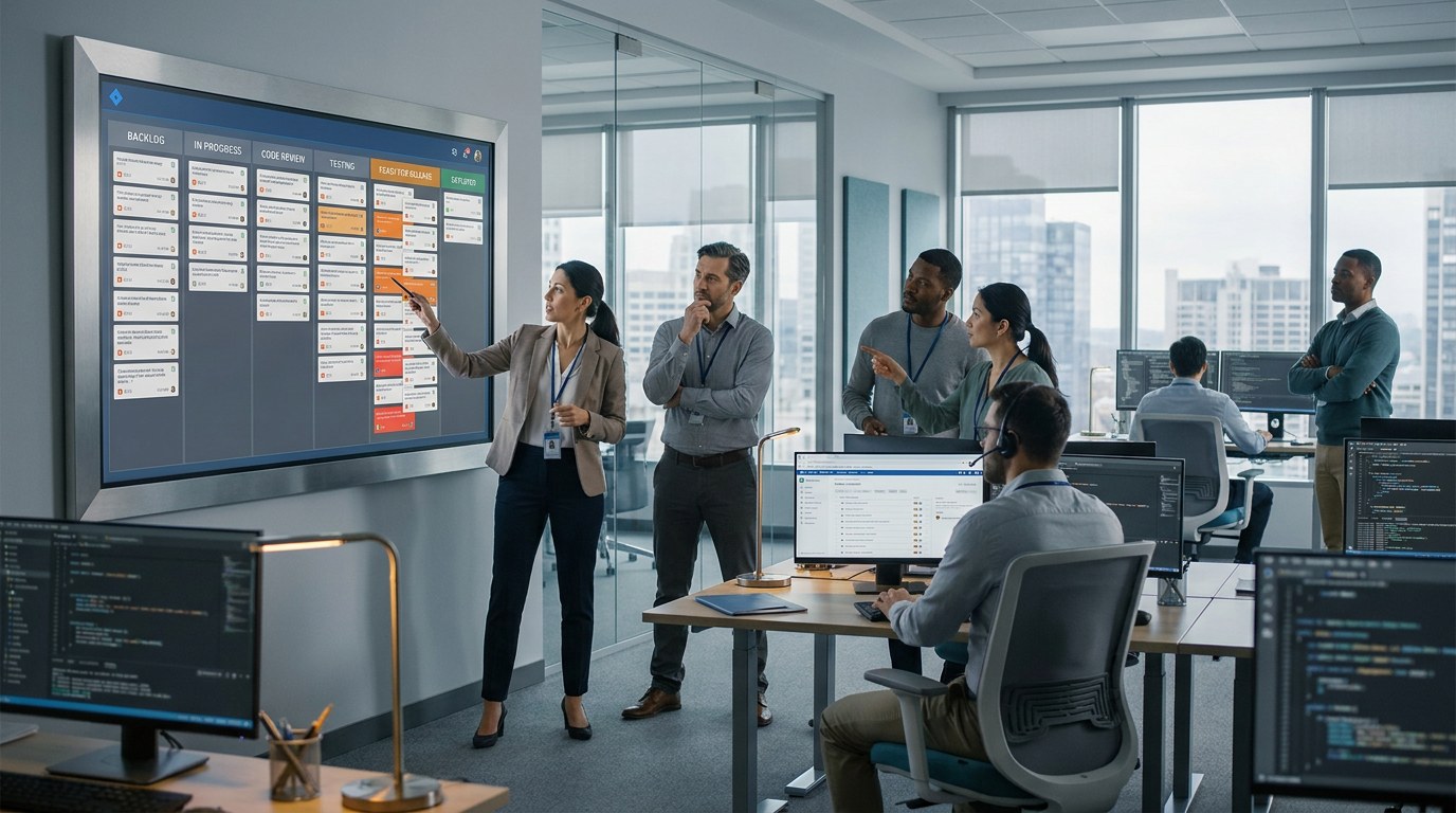 A digital delivery board on a meeting-room screen, with cards stacked up in the Ready for Release column while Deployed stays nearly empty.