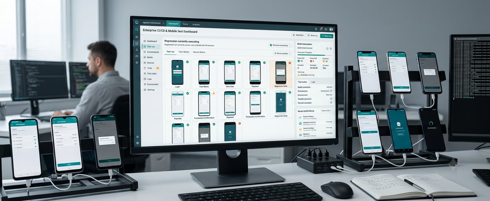 An enterprise CI/CD and mobile test dashboard on a large monitor showing a regression run across paired-down Android and iOS devices, almost every case passing, with a rack of physical test devices running unattended beside it.