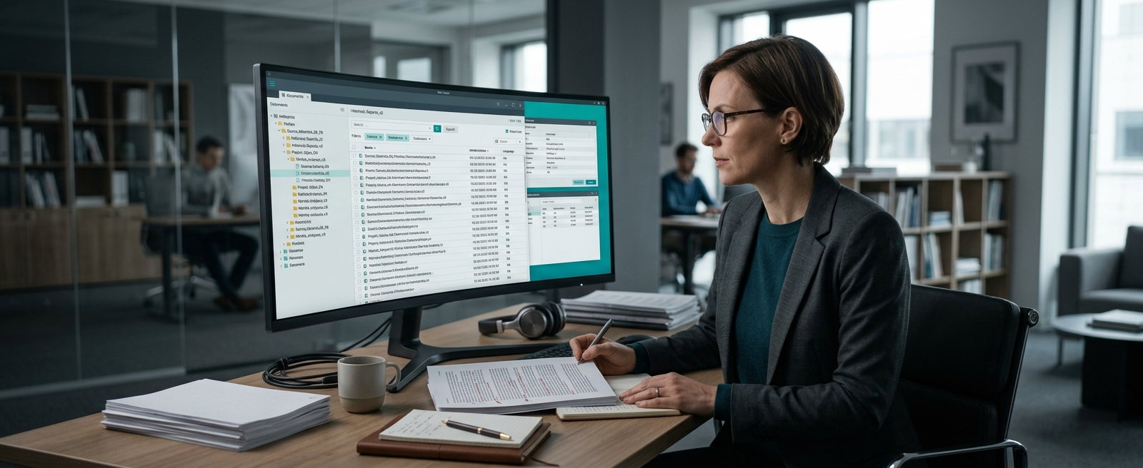 An editor at a curved monitor cross-checking marked-up proofs against a dense, deeply nested document-archive interface, colleagues working at desks in the glass-walled office behind her.