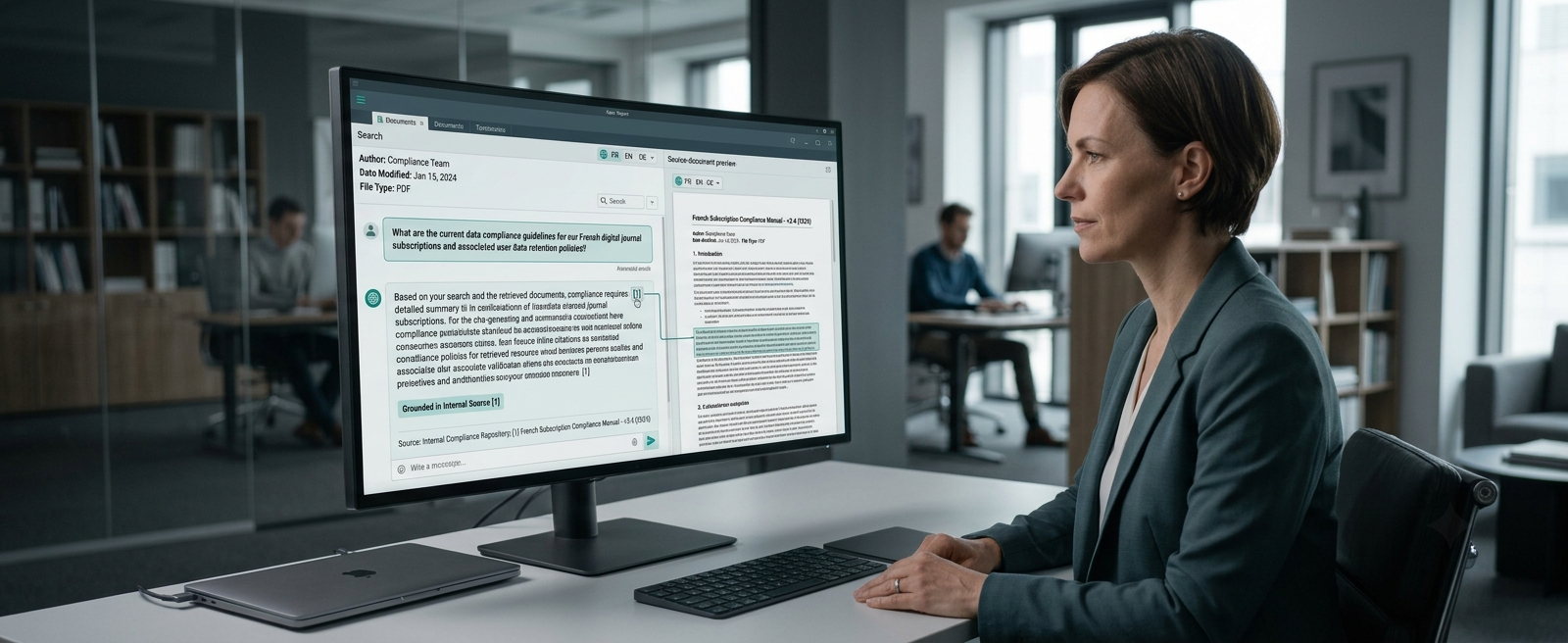The same editor at her monitor, now calmly reviewing a conversational search answer with a highlighted excerpt and source citation linking back to the original document panel beside it.