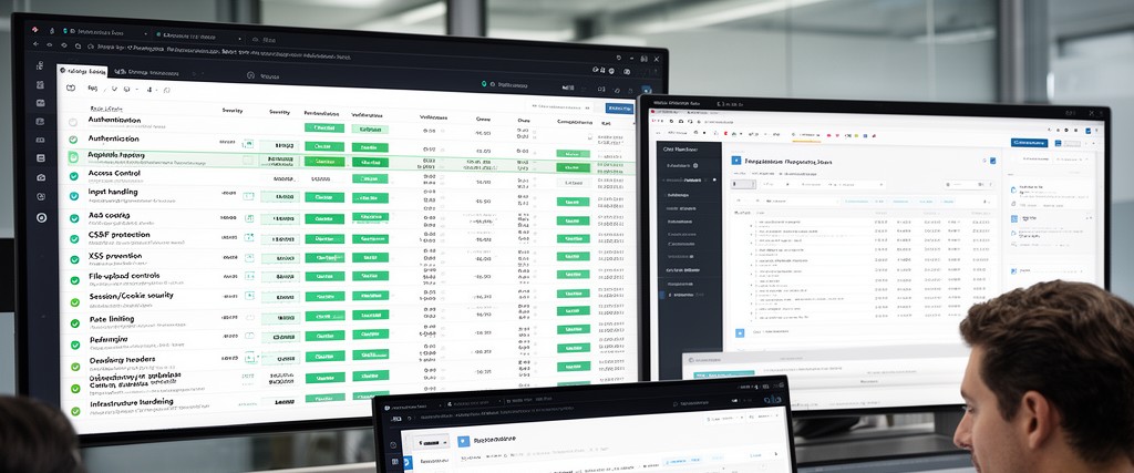 A light-theme remediation tracker listing every finding category, such as authentication, access control, input handling, CSRF, XSS, file-upload controls, rate limiting, session security, security headers, and infrastructure hardening, each one verified and green.