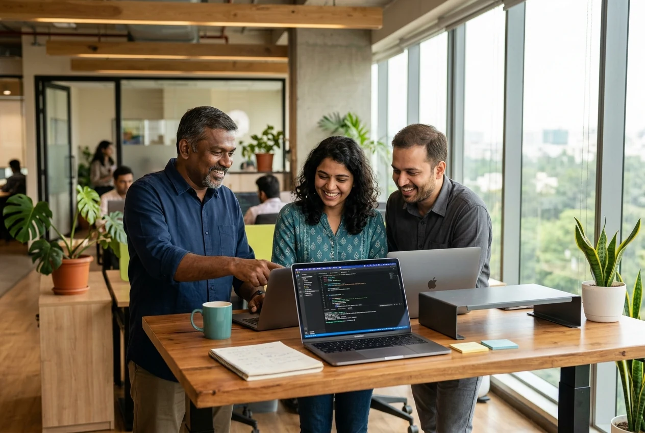 Three DivIni-style engineers gathered around a laptop showing code, one pointing at the screen as the others look on and smile
