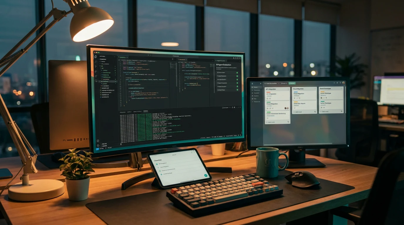 A dark developer desk setup: a code editor and a task board split across two monitors, a tablet, a mechanical keyboard, city lights through the window behind
