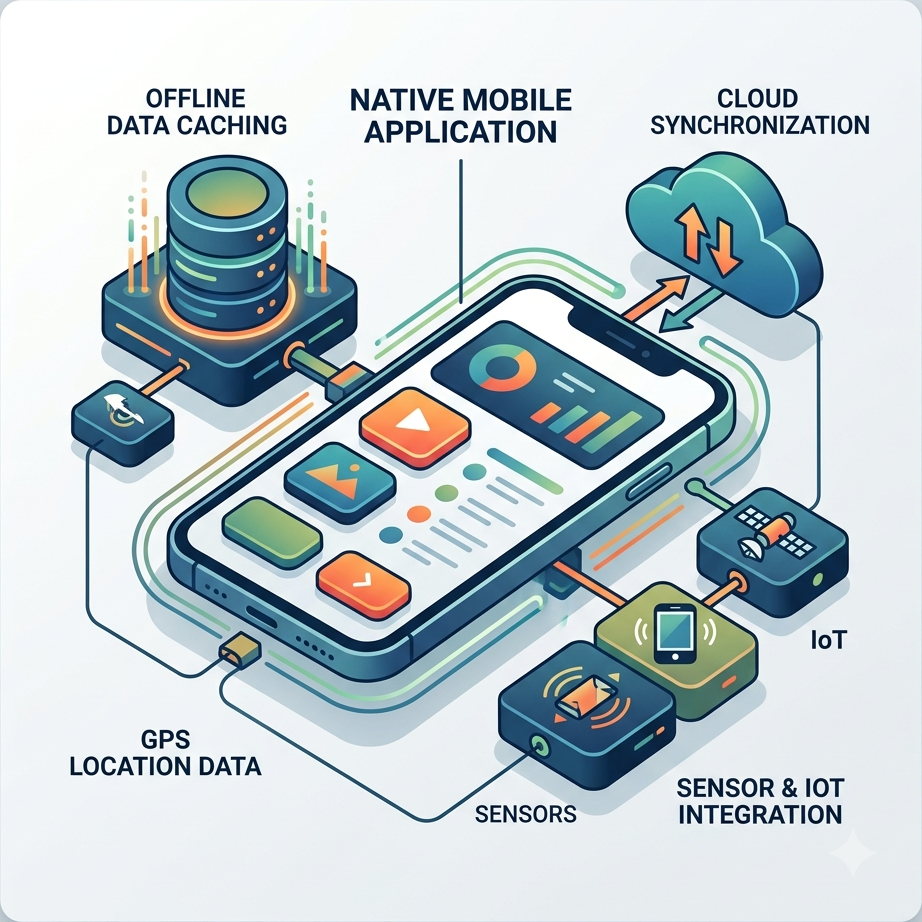 Isometric diagram of a native mobile app: a phone at the centre wired to offline data caching, cloud synchronisation, GPS location, and sensor and IoT device integrations