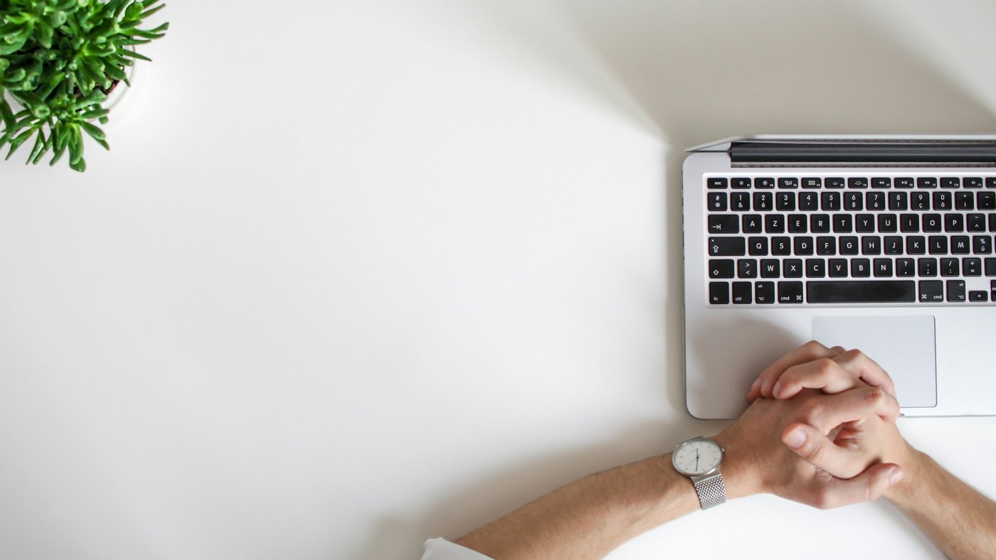 A person's hands paused beside a laptop trackpad, next to a small desk plant