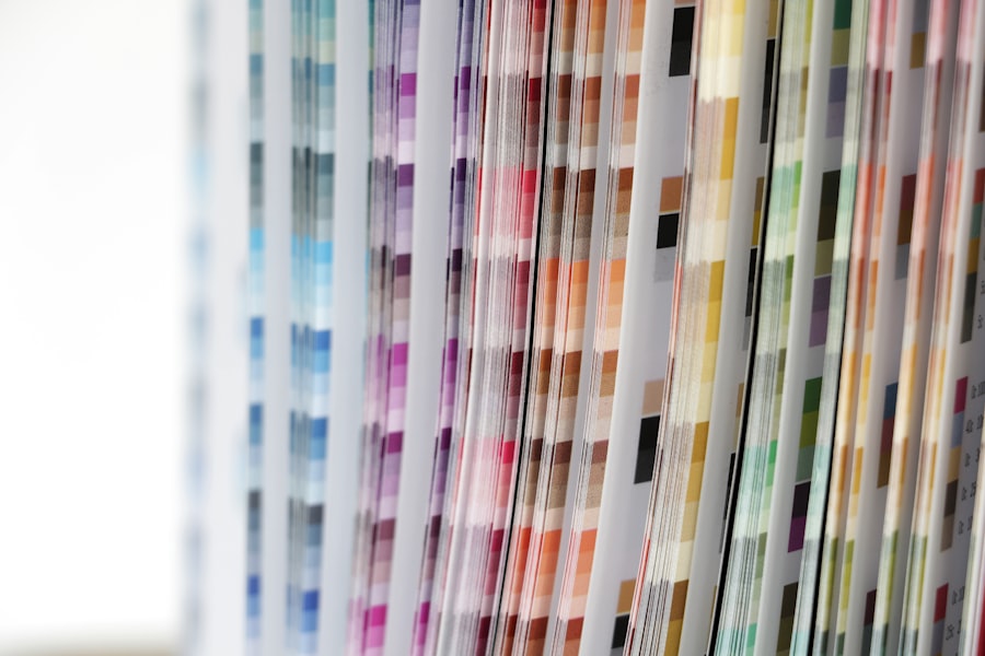 Close-up of layered colored paper swatches